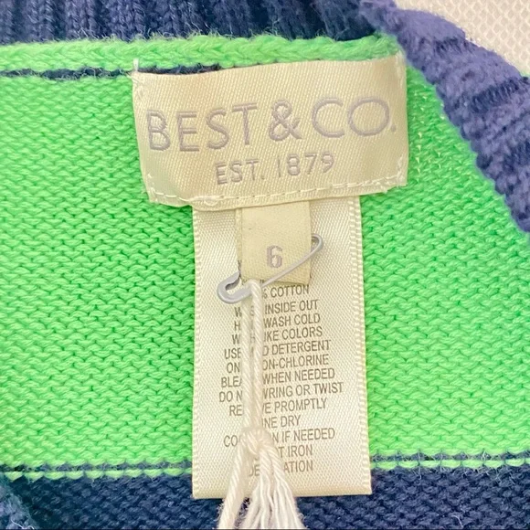 Best & Co. NWT Stripe Fly Crew Sweater Kids 6 Navy and Green - Picture 5 of 9